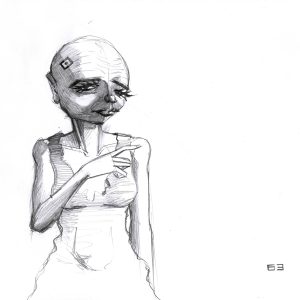 63. Dessin au crayon sur feuille de papier au format 21 x 29,7 cm. Un personnage chelou en robe avec une puce implanté sur son crâne...