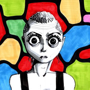 Acidulée. Dessin au stylo et feutres sur feuille de papier au format 21 x 29,7 cm. Femme les yeux écarquillés sur un fond aux couleurs acidulées.