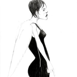 Angel one. Dessin au crayon sur feuille de papier au format 21 x 29,7 cm. Profile d'une femme avec des ailes, en robe noire, un doigt pointant vers le sol.