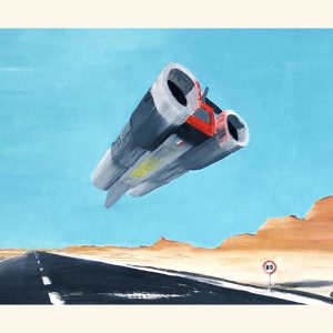 BG-1, Peinture à l'huile sur feuille de papier 30 x 40 cm. Un gros engin spacial s'apprêtant à atterrir sur une route de type route nationale française, dans un paysage faisant penser à un désert américain.