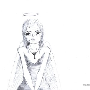 Beautiful angel. Dessin au crayon sur feuille de papier au format 21 x 29,7 cm. Une femme au regard triste avec des ailes et une auréole. Elle porte autour du cou, une clef.