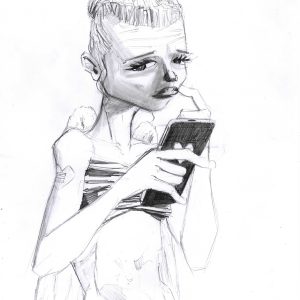 Call me angel. Dessin au crayon sur feuille de papier au format 21 x 29,7 cm. Jeune femme avec des ailes, le regard interrogatif, elle a son téléphone dans sa main.