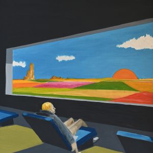 Contemplation. Peinture à l'huile sur feuille de papier Canson Figueras 50 x 65 cm. Un homme avec une cigarette dans sa main droite assis dans une salle genre cinéma, qui en guise d'écran, à une grande ouverture sur un paysage de champs désertiques et multicolors lors du couché du soleil.