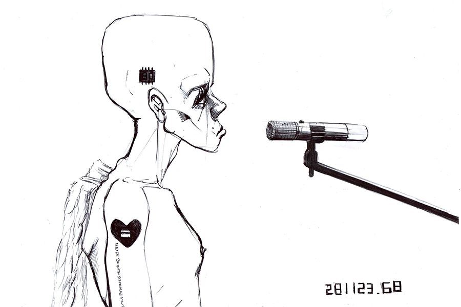 Graphiste illustrateur et dessinateur, Greg BARRY présente : Cyber angel. Dessin au stylo sur une feuille de papier au format 21 x 29,7 cm. Un ange déchu avec un implant cérébral apparent, face à un micro.