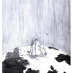 Tombé du ciel. sur feuille de papier au format 21 x 29,7 cm. Au somment de la terre on voit un ange de dos assis, abasourdi, son auréole posée à coté de lui.