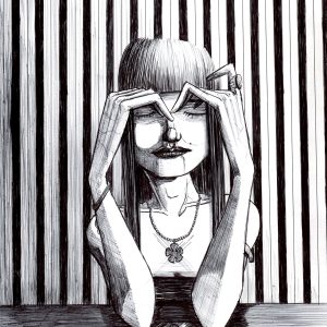 Dilemme. Dessin au stylo sur feuille de papier au format 21 x 29,7 cm. Une femme assise fasse à son téléphone posé sur la table, affichant un message dans une bulle. Les yeux baissés, elle semble très pensive.