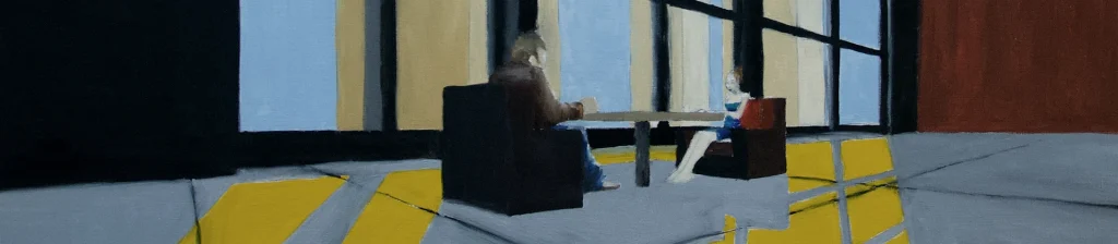 Graphiste illustrateur et dessinateur, Greg BARRY présente : Discussion, une peinture d'un couple de personnage semblant discuter devant un café, seuls dans une immense pièce aux grandes fenêtre en ogive laissant apparaître des buildings.