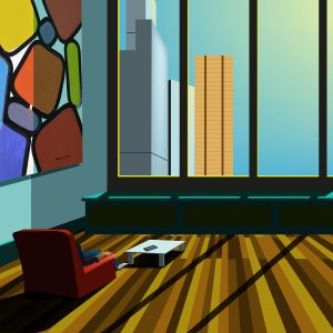 Graphiste illustrateur et dessinateur, Greg BARRY présente : Grandeur et solitude. Illustration numérique réalisée avec le logiciel Illustrator. Dans une pièce immense où la grande baie vitrée nous permet de voir des building, on voit également de dos, un fauteuil à coté d'une table basse où est posé un téléphone. On aperçoit les jambes et un bras du personnage installé dans ce fauteuil.