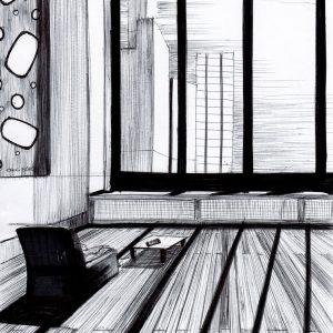 Grandeur et solitude. Dessin au stylo sur feuille de papier au format 21 x 29,7 cm. Dans une pièce immense où la grande baie vitrée nous permet de voir des building, on voit également de dos, un fauteuil à coté d'une table basse où est posé un téléphone. On aperçoit les jambes et un bras du personnage installé dans ce fauteuil.