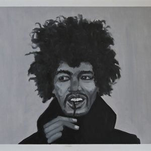 Hendrix. Peinture à l'huile sur feuille de papier Canson Figueras 50 x 65 cm. Portrait en noir et blanc de Jimi Hendrix réalisé d'après une photo rare.