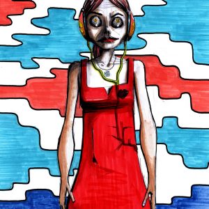 Illuminée. Dessin au stylo et feutres sur feuille de papier au format 21 x 29,7 cm. Une femme en robe rouge avec un casque audio sur la tête. On voit dans ses yeux, deux bougies scintillantes.