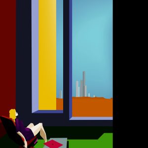 Illustration numérique réalisée avec le logiciel Illustrator. Elle représente une femme blonde assise dans un fauteuil dans un patio qui fait face à une ouverture sur le désert avec des building en arrière plan. À coté d'elle, une table basse sur laquelle est posé un ordinateur portable.