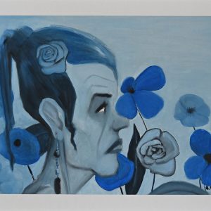 Kenza. Peinture à l'huile sur feuille de papier 30 x 40 cm. Profile de femme dans un camaïeu bleu entourée de fleurs.