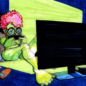 Last game. Dessin au stylo et feutres sur feuille de papier au format 21 x 29,7 cm. Une femme verte aux cheveux roses, assise par terre face à un écran. Les yeux écarquillés, elle tient entre ses main un joystick. À coté d'elle sont posé un goblet avec une paille, une barre chocolaté et son téléphone.