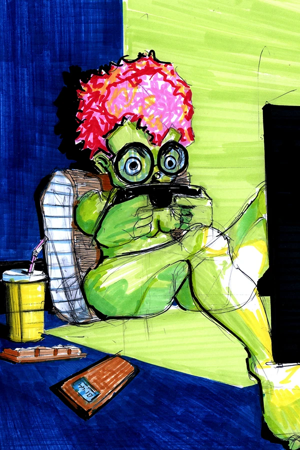 Graphiste illustrateur et dessinateur, Greg BARRY présente : Last game. Dessin au stylo et feutres sur feuille de papier 21 x 29,7 cm. Une femme verte aux cheveux roses, assise par terre face à un écran. Les yeux écarquillés, elle tient entre ses main un joystick. À coté d'elle sont posé un goblet avec une paille, une barre chocolaté et son téléphone.