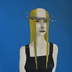 M...y. Peinture à l'huile sur feuille de papier Canson Figueras 50 x 65 cm. Une femme blonde au cheveux longs, avec une "couronne" faites avec des petite branches de bois sec...