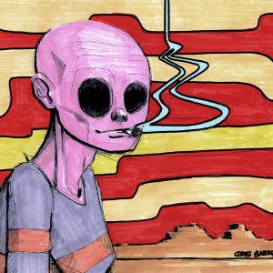 Pinkman smocking. Dessin au stylo et feutres sur feuille de papier au format 21 x 29,7 cm. Un personnage rose sans yeux, la clope au bec, sur fond de ciel psychédélique rouge et jaune.