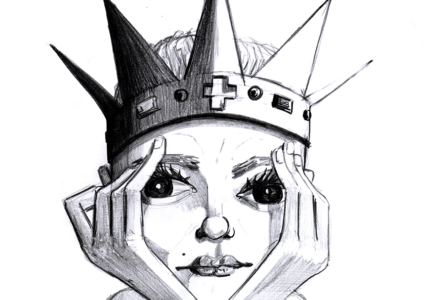 Graphiste illustrateur et dessinateur, Greg BARRY présente : "Queen", dessin au crayon sur feuille de papier au format 21 x 29,7 cm. Gros plan sur une femme au visage enfantin. La tête entre ses mains, elle est affublée d'une grande couronne.