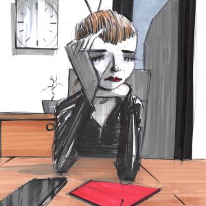 Questionnement. Dessin au stylo et feutres sur feuille de papier au format 21 x 29,7 cm. Une femme assise à son bureau, ses mains entourant son visage, elle s'interroge fasse à une enveloppe rouge posée devant elle sur la table à coté de son téléphone.