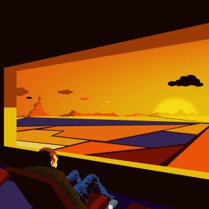 Graphiste illustrateur et dessinateur, Greg BARRY présente : Sunset Paradiso, une illustration numérique réalisée avec le logiciel Illustrator. Un homme avec une cigarette dans sa main droite assis dans une salle genre cinéma, qui en guise d'écran, à une grande ouverture sur un paysage de champs désertiques et multicolors lors du couché du soleil.