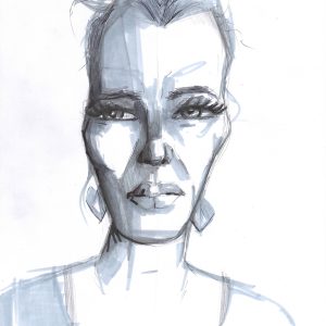 Suspicious. Dessin au crayon, stylo et feutre sur feuille de papier au format 21 x 29,7 cm. Portrait monochrome bleuté d'une femme suspicieuse.