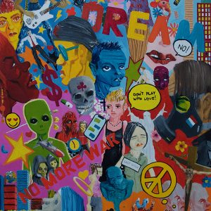 Graphiste illustrateur et dessinateur, Greg BARRY présente : The Dream. Peinture à l'huile sur feuille de papier Canson Figueras 50 x 65 cm. Une peinture aux multiples couleur chaudes et vives d'une multitude de personnages symboliques.