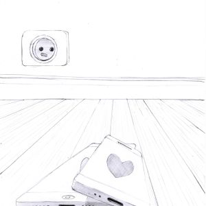 Amour actuel. Dessin au crayon sur feuille de papier au format 21 x 29,7 cm. Deux téléphones affichant un cœur, accolés par terre sur un parquet.