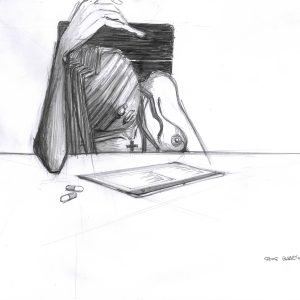 Blind by love. Dessin au crayon sur feuille de papier au format 21 x 29,7 cm. Femme les yeux bandés affalée dans un fauteuil, une main en l'air avec le coude posé sur le bureau fasse à une tablette près de laquelle sont posés deux gélules.