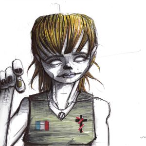 Blind medicine. Dessin au stylo et feutres sur feuille de papier au format 21 x 29,7 cm. Une femme blonde au regard sans pupille tenant dans sa main droite une gélule. Elle porte un débardeur orné du drapeau français et d'une croix entourée d'un serpent.