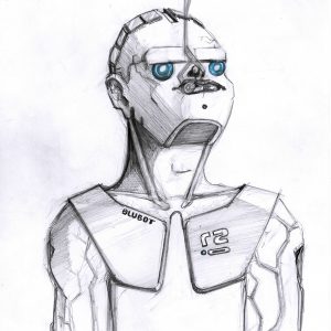 Blubot. Dessin au crayon, stylo et feutre sur feuille de papier au format 21 x 29,7 cm. Dessin d'un roboïde fumant une cigarette.