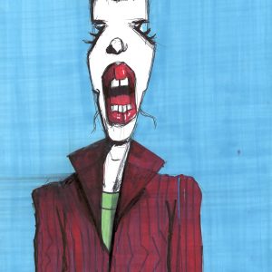 Colère. Dessin au stylo et feutres sur feuille de papier au format 21 x 29,7 cm. Caricature d'une femme bouche ouvert, les yeux fermés.