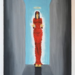 Divinité. Peinture à l'huile sur feuille de papier Canson Figueras 50 x 65 cm. Femme entre deux murs, en longue robe rouge, auréolée et entourée d'un halo.