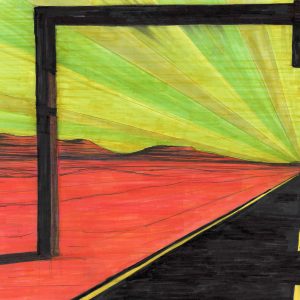 Dreamcity. Dessin au stylo et feutres sur feuille de papier au format 21 x 29,7 cm. Vue en perspective sur une route qui n'en finit pas au dessus de laquelle il y a un panneau affichant : Dreamcity. Couleurs utilisée : vert, rouge, orange, jaune, noir.