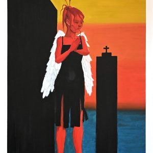 For life. Peinture minimaliste à l'huile sur feuille de papier Canson Figueras 50 x 65 cm. Femme angélique rouge aux ailes blanches vêtue d'une robe noire priant devant une colonne surplombée d'une croix lors du couché du soleil.