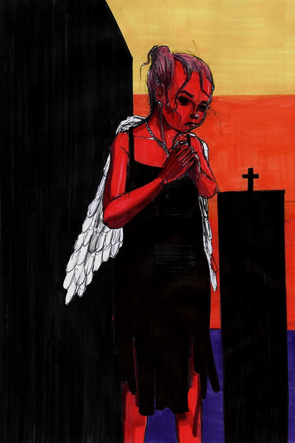 Graphiste illustrateur et dessinateur, Greg BARRY présente : For life. Dessin au stylo et feutre sur feuille de papier 21 x 29,7 cm. Femme angélique rouge aux ailes blanches vêtue d'une robe noire priant devant une colonne surplombée d'une croix lors du couché du soleil.