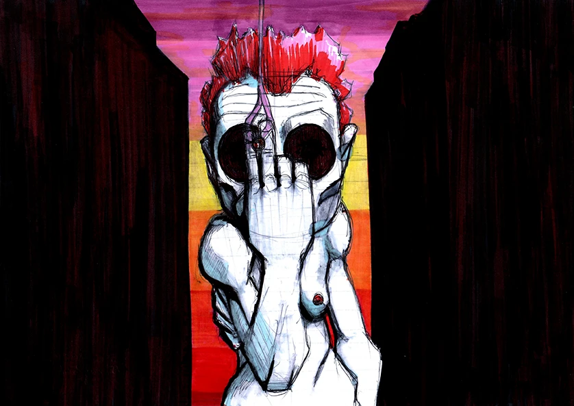 Graphiste illustrateur et dessinateur, Greg BARRY présente : Fucking clope. Dessin au stylo et feutre sur une feuille de papier au format 21 x 29,7 cm. Personnage cadavérique avec un visage percé de gros trous noirs profond en guise de regard. Il a les cheveux rouge et rose. Une cigarette dans sa main droite au niveau de sa tête laisse échappé une volute de fumée rose.