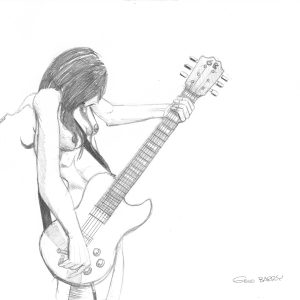 SM 434 BG. Dessin au crayon sur feuille de papier au format 21 x 29,7 cm. Dessin d'une guitariste.