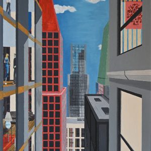 Intimité. Peinture à l'huile sur feuille de papier Canson Figueras 50 x 65 cm. Vue sur des buildings qui laissent entrevoir au premier plan, des scènes de vie au travers des fenêtres.