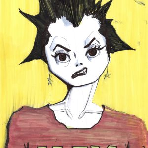Kay. Dessin au stylo et feutres sur feuille de papier au format 21 x 29,7 cm. Personnage dubitatif, avec une coupe de cheveux en étoile, et des boucle d'oreille se terminant par des étoiles. Sur fond jaune, il porte un t-shirt où est inscrit : Kay.