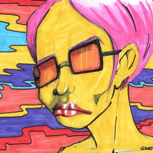 La vie en orange. Dessin au stylo et feutres sur feuille de papier au format 21 x 29,7 cm. Une femme de 3/4 aux cheveux roses avec des lunettes de soleil aux verres oranges sur un fond de fumée psychédélique.