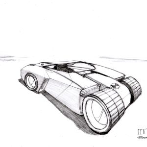 Monogo. Dessin au crayon sur feuille de papier au format 21 x 29,7 cm. Véhicule futuriste dessiné en perspective.