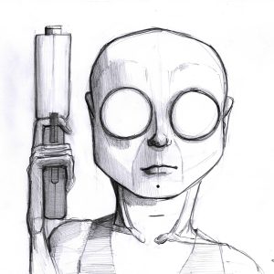 No mercy. Dessin au crayon sur feuille de papier au format 21 x 29,7 cm. Gros plan sur un personnage chauve sans regard avec un flingue pointé en l'air à coté de sa tête.