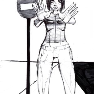 Nonever. Dessin au stylo sur feuille de papier au format 21 x 29,7 cm. Une femme debout devant un panneau de sens interdit tend les paumes face au lecteur.