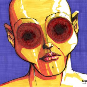 Red eyes. Dessin au stylo et feutres sur feuille de papier au format 21 x 29,7 cm. Gros plan sur un personnage jaune au regard rouge.