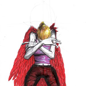 Red sadness. Dessin au stylo et feutres sur feuille de papier au format 21 x 29,7 cm. Une femme avec des ailes rouges debout, la tête entre ses bras.