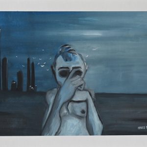 Rescapé. Peinture minimaliste à l'huile sur feuille de papier 30 x 40 cm. Un personnage torse-nu, les mains devant le visage. On voit à l'arrière plan des buildings ainsi qu'une envolée d'oiseaux blancs.