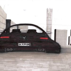 SM 434 BG. Dessin au stylo et feutres sur feuille de papier au format 21 x 29,7 cm. Caricature d'une voiture noire dans une perspective exagérée sur fond de buildings gris.