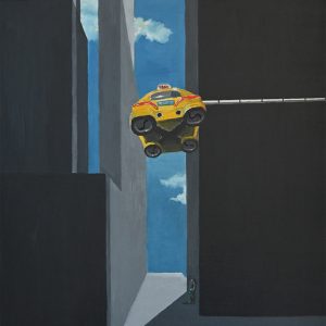 Taxi to somewhere. Peinture à l'huile sur feuille de papier Canson Figueras 50 x 65 cm. Un taxi-volant jaune s'apprêtant à charger un client qui attend au pied d'un building.