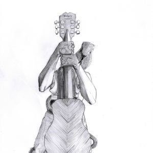 Temptation guitar. Dessin au crayon sur feuille de papier au format 21 x 29,7 cm. Personnage agenouillé devant sa guitare entouré d'un serpent.