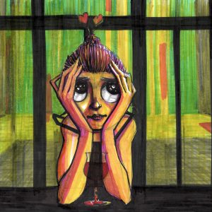 Toujours Elle. Dessin au stylo et feutres sur feuille de papier au format 21 x 29,7 cm. Femme pensive la tête entre les mains devant un verre de vin rouge.